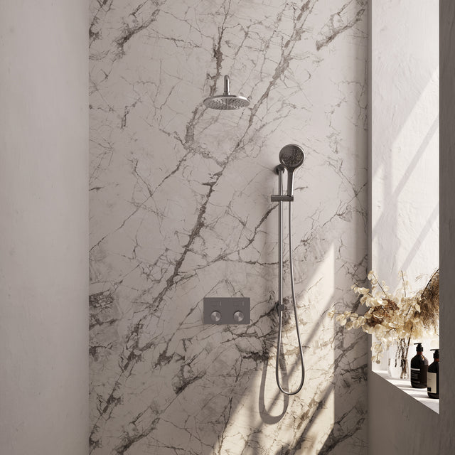 BRAUER Brushed Carving thermostatische inbouw regendouche met drukknoppen SET 69 met 20 cm douchekop en gebogen muurarm en 3-standen handdouche en doucheslang en geïntegreerde glijstang RVS geborsteld PVD