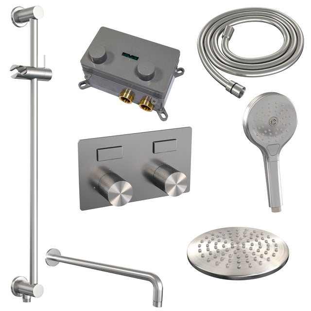 BRAUER Brushed Carving thermostatische inbouw regendouche met drukknoppen SET 69 met 20 cm douchekop en gebogen muurarm en 3-standen handdouche en doucheslang en geïntegreerde glijstang RVS geborsteld PVD