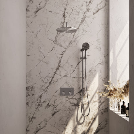 BRAUER Brushed Carving thermostatische inbouw regendouche met drukknoppen SET 70 met 30 cm douchekop en gebogen muurarm en 3-standen handdouche en doucheslang en geïntegreerde glijstang RVS geborsteld PVD