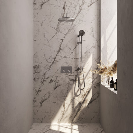 BRAUER Brushed Carving thermostatische inbouw regendouche met drukknoppen SET 70 met 30 cm douchekop en gebogen muurarm en 3-standen handdouche en doucheslang en geïntegreerde glijstang RVS geborsteld PVD