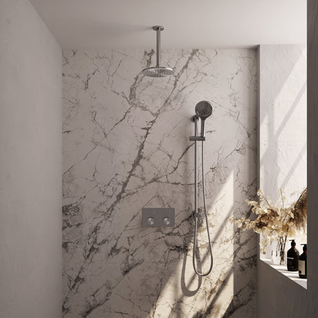 BRAUER Brushed Carving thermostatische inbouw regendouche met drukknoppen SET 71 met 20 cm douchekop en plafondarm en 3-standen handdouche en doucheslang en geïntegreerde glijstang RVS geborsteld PVD