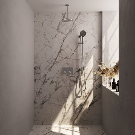 BRAUER Brushed Carving thermostatische inbouw regendouche met drukknoppen SET 71 met 20 cm douchekop en plafondarm en 3-standen handdouche en doucheslang en geïntegreerde glijstang RVS geborsteld PVD