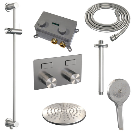 BRAUER Brushed Carving thermostatische inbouw regendouche met drukknoppen SET 71 met 20 cm douchekop en plafondarm en 3-standen handdouche en doucheslang en geïntegreerde glijstang RVS geborsteld PVD