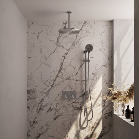 BRAUER Brushed Carving thermostatische inbouw regendouche met drukknoppen SET 72 met 30 cm douchekop en plafondarm en 3-standen handdouche en doucheslang en geïntegreerde glijstang RVS geborsteld PVD