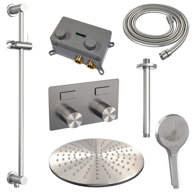 BRAUER Brushed Carving thermostatische inbouw regendouche met drukknoppen SET 72 met 30 cm douchekop en plafondarm en 3-standen handdouche en doucheslang en geïntegreerde glijstang RVS geborsteld PVD