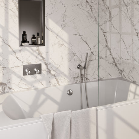 BRAUER Brushed Edition thermostatische inbouw badkraan met drukknoppen SET 03 met badvulcombinatie en staaf handdouche en doucheslang en wandaansluitbocht RVS geborsteld PVD 5-NG-208