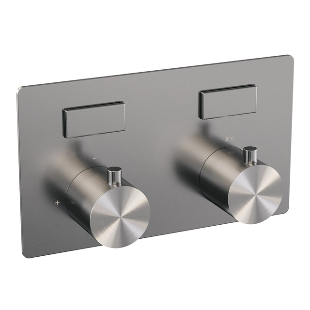 BRAUER Brushed Edition thermostatische inbouw badkraan met drukknoppen SET 03 met badvulcombinatie en staaf handdouche en doucheslang en wandaansluitbocht RVS geborsteld PVD 5-NG-208