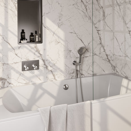 BRAUER Brushed Edition thermostatische inbouw badkraan met drukknoppen SET 04 met badvulcombinatie en 3-standen handdouche en doucheslang en wandaansluitbocht RVS geborsteld PVD 5-NG-209