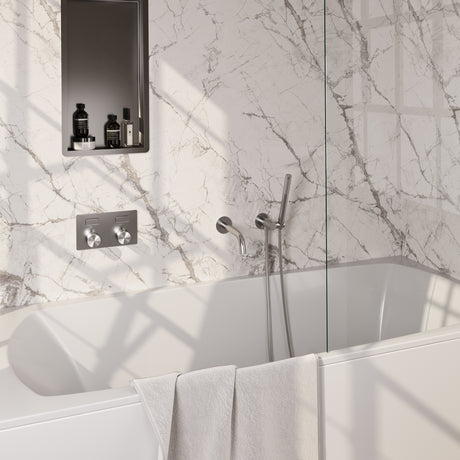 BRAUER Brushed Edition thermostatische inbouw badkraan met drukknoppen SET 03 met uitloop en staaf handdouche en doucheslang en wandaansluitbocht RVS geborsteld PVD 5-NG-210