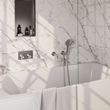 BRAUER Brushed Edition thermostatische inbouw badkraan met drukknoppen SET 04 met uitloop en 3-standen handdouche en doucheslang en wandaansluitbocht RVS geborsteld PVD 5-NG-211