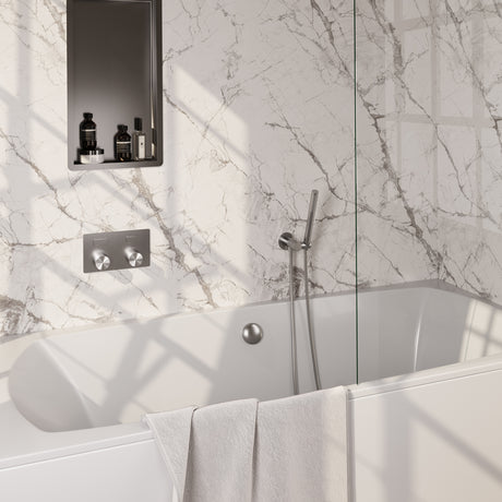 BRAUER Brushed Carving thermostatische inbouw badkraan met drukknoppen SET 03 met badvulcombinatie en staaf handdouche en doucheslang en wandaansluitbocht RVS geborsteld PVD 5-NG-212