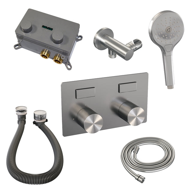 BRAUER Brushed Carving thermostatische inbouw badkraan met drukknoppen SET 04 met badvulcombinatie en 3-standen handdouche en doucheslang en wandaansluitbocht RVS geborsteld PVD 5-NG-213