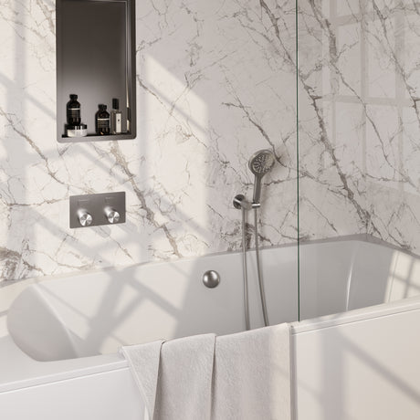 BRAUER Brushed Carving thermostatische inbouw badkraan met drukknoppen SET 04 met badvulcombinatie en 3-standen handdouche en doucheslang en wandaansluitbocht RVS geborsteld PVD 5-NG-213