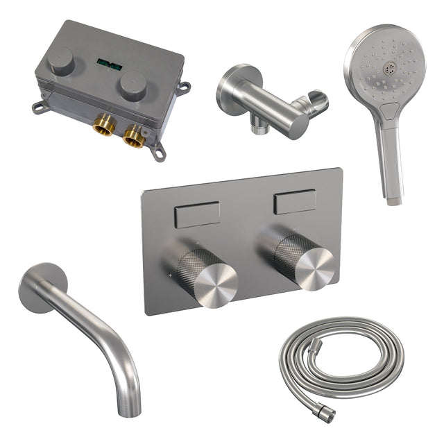 BRAUER Brushed Carving thermostatische inbouw badkraan met drukknoppen SET 04 met uitloop en 3-standen handdouche en doucheslang en wandaansluitbocht RVS geborsteld PVD 5-NG-215