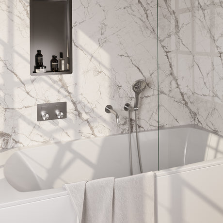 BRAUER Brushed Carving thermostatische inbouw badkraan met drukknoppen SET 04 met uitloop en 3-standen handdouche en doucheslang en wandaansluitbocht RVS geborsteld PVD 5-NG-215