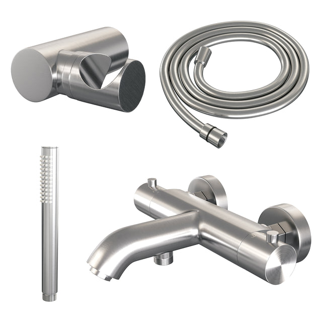 BRAUER Brushed Edition opbouw baddouche thermostaatkraan SET 03 met wandhouder en staaf handdouche en doucheslang RVS geborsteld PVD 5-NG-232