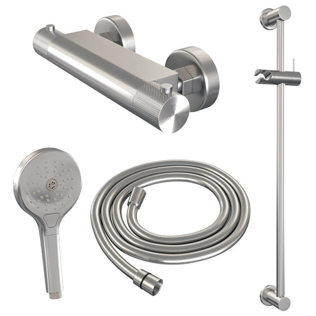 BRAUER Brushed Carving opbouw douche thermostaatkraan SET 02 met glijstang en 3-standen handdouche en doucheslang RVS geborsteld PVD 5-NG-250
