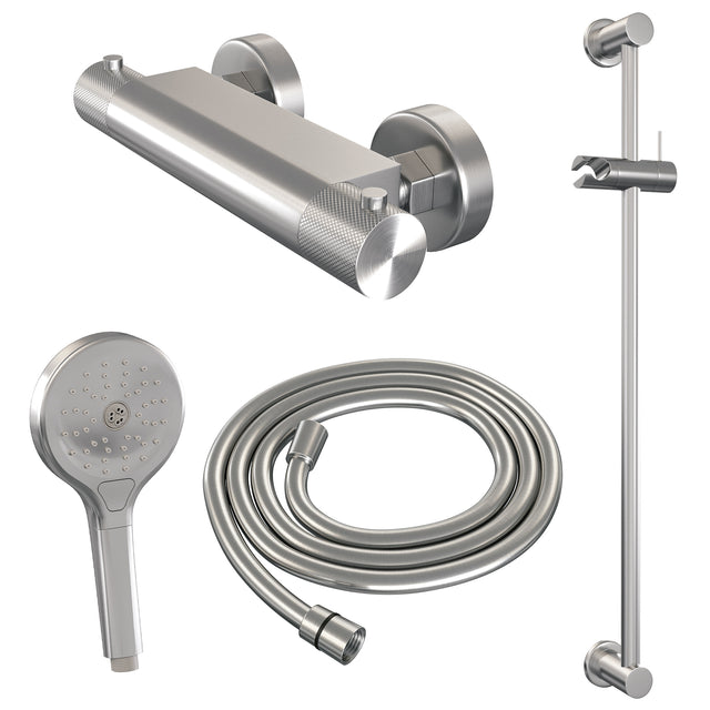 BRAUER Brushed Carving opbouw douche thermostaatkraan SET 02 met glijstang en 3-standen handdouche en doucheslang RVS geborsteld PVD 5-NG-250