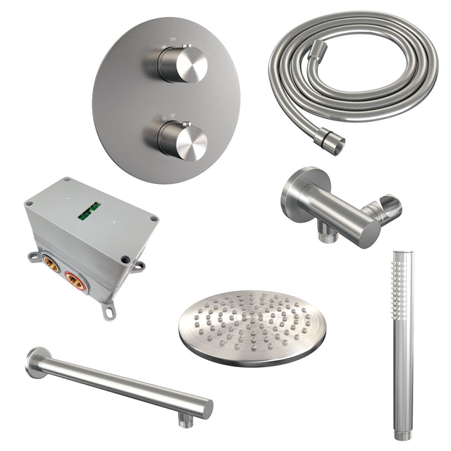 BRAUER Brushed Edition thermostatische inbouw regendouche 3-weg rond SET 73 met 20 cm douchekop en rechte muurarm en staaf handdouche en doucheslang en wandaansluitbocht RVS geborsteld PVD 5-NG-267
