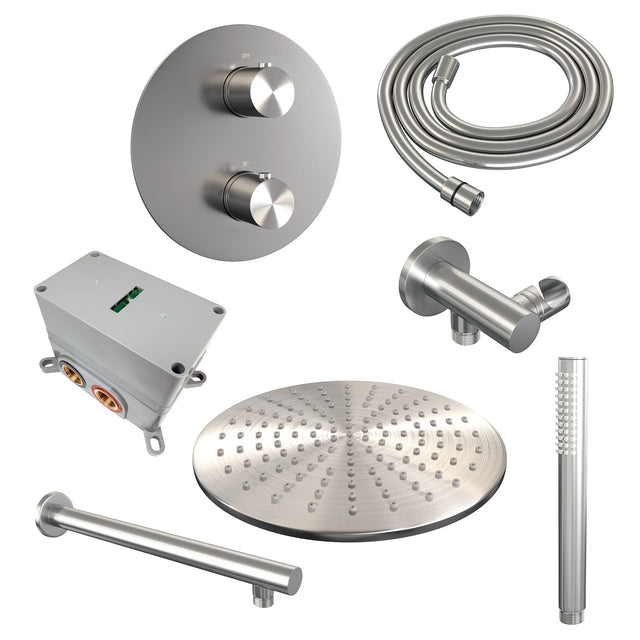 BRAUER Brushed Edition thermostatische inbouw regendouche 3-weg rond SET 74 met 30 cm douchekop en rechte muurarm en staaf handdouche en doucheslang en wandaansluitbocht RVS geborsteld PVD 5-NG-268