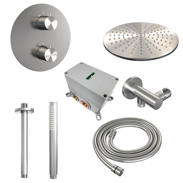 BRAUER Brushed Edition thermostatische inbouw regendouche 3-weg rond SET 78 met 30 cm douchekop en plafondarm en staaf handdouche en doucheslang en wandaansluitbocht RVS geborsteld PVD 5-NG-272