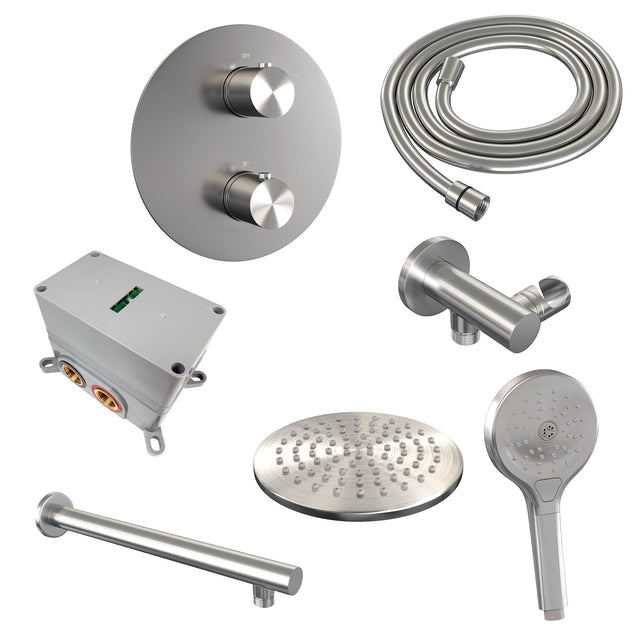 BRAUER Brushed Edition thermostatische inbouw regendouche 3-weg rond SET 79 met 20 cm douchekop en rechte muurarm en 3-standen handdouche en doucheslang en wandaansluitbocht RVS geborsteld PVD 5-NG-273