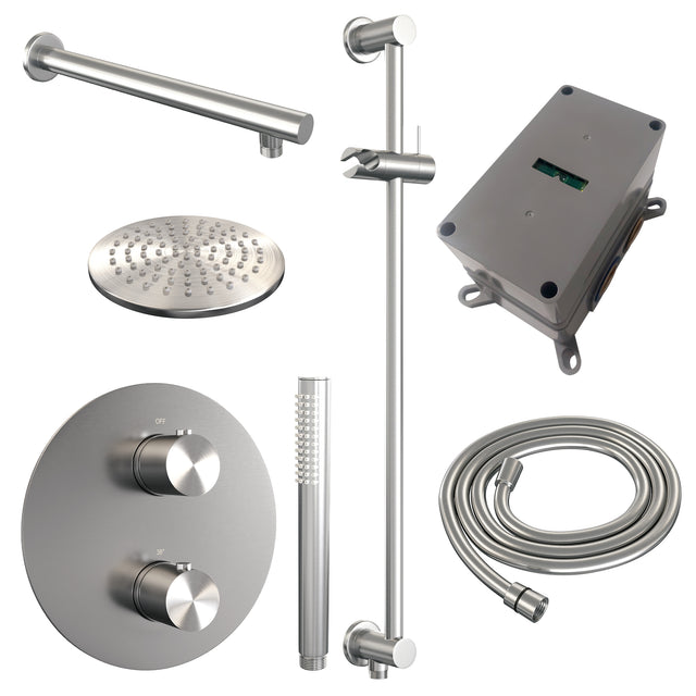BRAUER Brushed Edition thermostatische inbouw regendouche 3-weg rond SET 85 met 20 cm douchekop en rechte muurarm en staaf handdouche en doucheslang en geïntegreerde glijstang RVS geborsteld PVD 5-NG-279