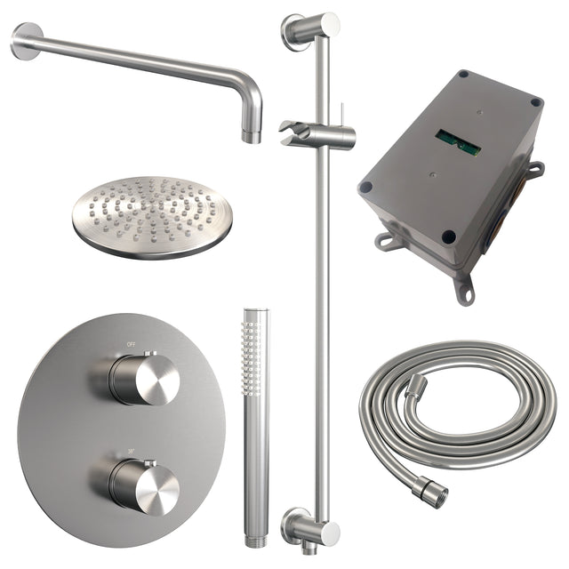 BRAUER Brushed Edition thermostatische inbouw regendouche 3-weg rond SET 87 met 20 cm douchekop en gebogen muurarm en staaf handdouche en doucheslang en geïntegreerde glijstang RVS geborsteld PVD 5-NG-281