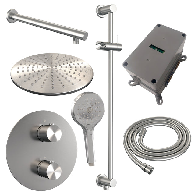 BRAUER Brushed Edition thermostatische inbouw regendouche 3-weg rond SET 92 met 30 cm douchekop en rechte muurarm en 3-standen handdouche en doucheslang en geïntegreerde glijstang RVS geborsteld PVD 5-NG-286