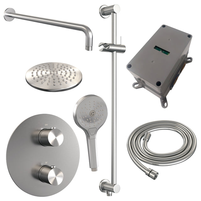 BRAUER Brushed Edition thermostatische inbouw regendouche 3-weg rond SET 93 met 20 cm douchekop en gebogen muurarm en 3-standen handdouche en doucheslang en geïntegreerde glijstang RVS geborsteld PVD 5-NG-287