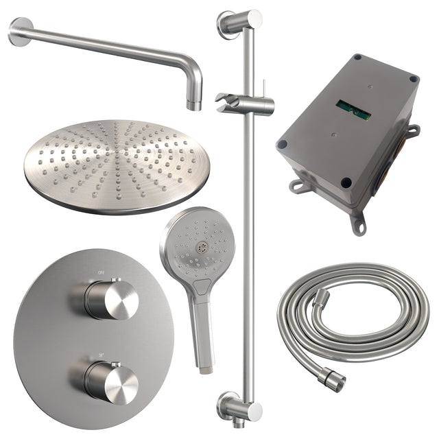 BRAUER Brushed Edition thermostatische inbouw regendouche 3-weg rond SET 94 met 30 cm douchekop en gebogen muurarm en 3-standen handdouche en doucheslang en geïntegreerde glijstang RVS geborsteld PVD 5-NG-288