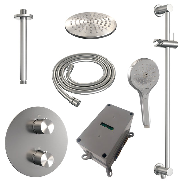 BRAUER Brushed Edition thermostatische inbouw regendouche 3-weg rond SET 95 met 20 cm douchekop en plafondarm en 3-standen handdouche en doucheslang en geïntegreerde glijstang RVS geborsteld PVD 5-NG-289