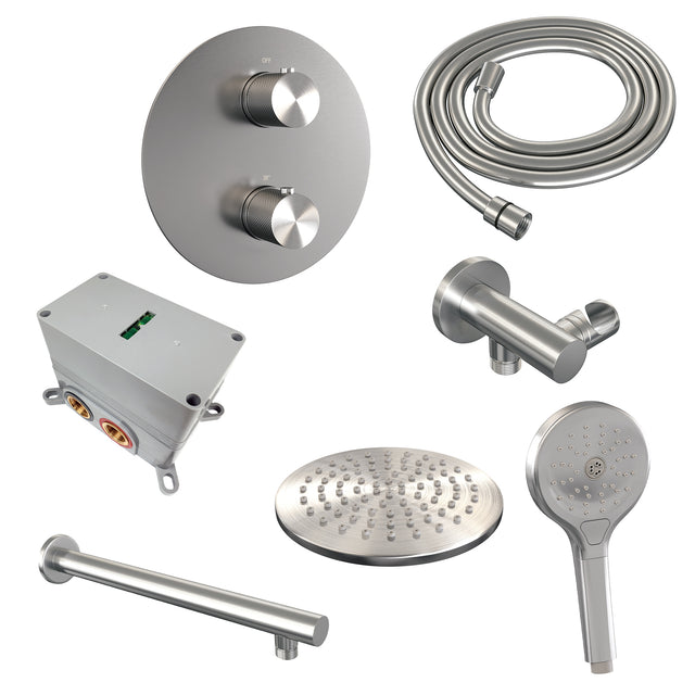 BRAUER Brushed Carving thermostatische inbouw regendouche 3-weg rond SET 79 met 20 cm douchekop en rechte muurarm en 3-standen handdouche en doucheslang en wandaansluitbocht RVS geborsteld PVD 5-NG-297