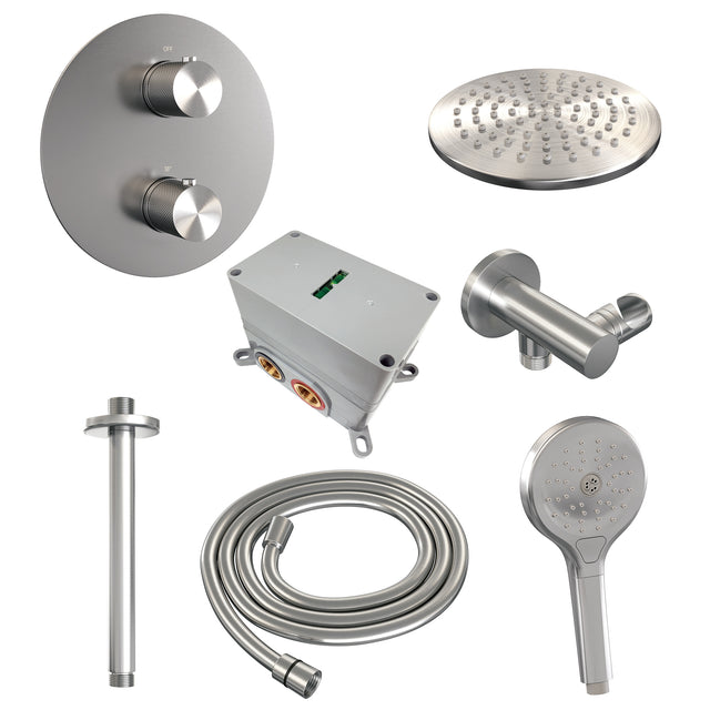 BRAUER Brushed Carving thermostatische inbouw regendouche 3-weg rond SET 83 met 20 cm douchekop en plafondarm en 3-standen handdouche en doucheslang en wandaansluitbocht RVS geborsteld PVD 5-NG-301