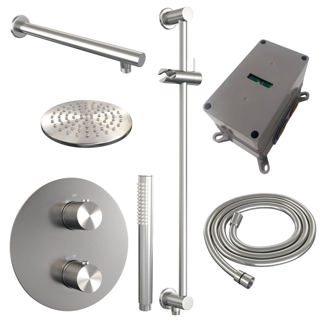 BRAUER Brushed Carving thermostatische inbouw regendouche 3-weg rond SET 85 met 20 cm douchekop en rechte muurarm en staaf handdouche en doucheslang en geïntegreerde glijstang RVS geborsteld PVD 5-NG-303