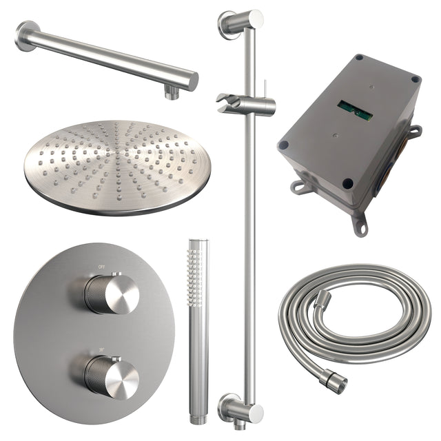 BRAUER Brushed Carving thermostatische inbouw regendouche 3-weg rond SET 86 met 30 cm douchekop en rechte muurarm en staaf handdouche en doucheslang en geïntegreerde glijstang RVS geborsteld PVD 5-NG-304