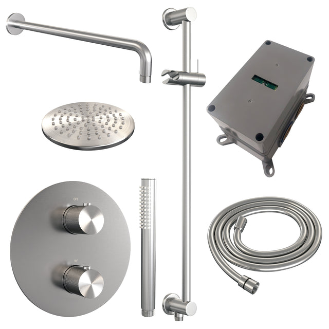 BRAUER Brushed Carving thermostatische inbouw regendouche 3-weg rond SET 87 met 20 cm douchekop en gebogen muurarm en staaf handdouche en doucheslang en geïntegreerde glijstang RVS geborsteld PVD 5-NG-305