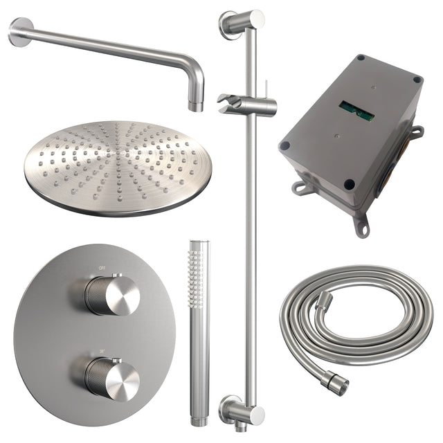 BRAUER Brushed Carving thermostatische inbouw regendouche 3-weg rond SET 88 met 30 cm douchekop en gebogen muurarm en staaf handdouche en doucheslang en geïntegreerde glijstang RVS geborsteld PVD 5-NG-306