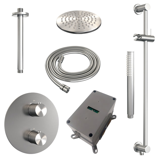 BRAUER Brushed Carving thermostatische inbouw regendouche 3-weg rond SET 89 met 20 cm douchekop en plafondarm en staaf handdouche en doucheslang en geïntegreerde glijstang RVS geborsteld PVD 5-NG-307