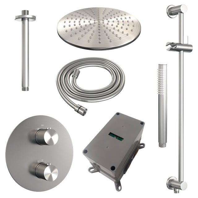BRAUER Brushed Carving thermostatische inbouw regendouche 3-weg rond SET 90 met 30 cm douchekop en plafondarm en staaf handdouche en doucheslang en geïntegreerde glijstang RVS geborsteld PVD 5-NG-308