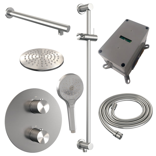 BRAUER Brushed Carving thermostatische inbouw regendouche 3-weg rond SET 91 met 20 cm douchekop en rechte muurarm en 3-standen handdouche en doucheslang en geïntegreerde glijstang RVS geborsteld PVD 5-NG-309