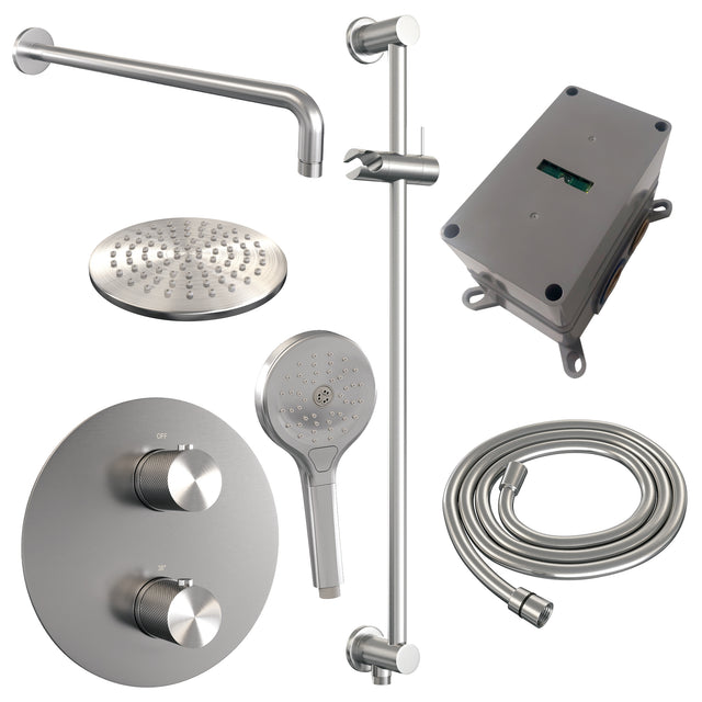 BRAUER Brushed Carving thermostatische inbouw regendouche 3-weg rond SET 93 met 20 cm douchekop en gebogen muurarm en 3-standen handdouche en doucheslang en geïntegreerde glijstang RVS geborsteld PVD 5-NG-311