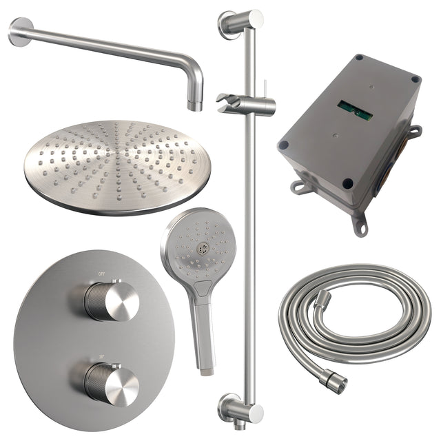 BRAUER Brushed Carving thermostatische inbouw regendouche 3-weg rond SET 94 met 30 cm douchekop en gebogen muurarm en 3-standen handdouche en doucheslang en geïntegreerde glijstang RVS geborsteld PVD 5-NG-312