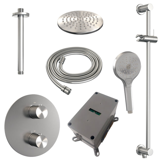 BRAUER Brushed Carving thermostatische inbouw regendouche 3-weg rond SET 95 met 20 cm douchekop en plafondarm en 3-standen handdouche en doucheslang en geïntegreerde glijstang RVS geborsteld PVD 5-NG-313