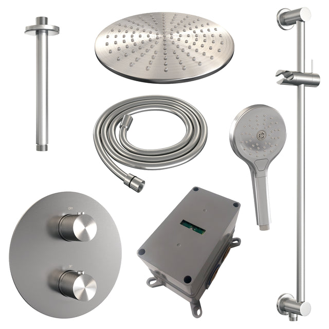 BRAUER Brushed Carving thermostatische inbouw regendouche 3-weg rond SET 96 met 30 cm douchekop en plafondarm en 3-standen handdouche en doucheslang en geïntegreerde glijstang RVS geborsteld PVD 5-NG-314