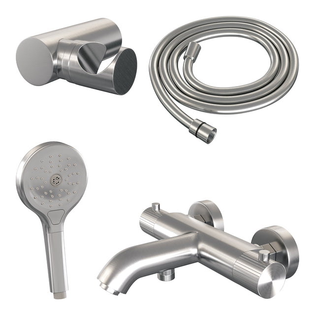 BRAUER Stripe opbouw baddouche thermostaatkraan SET 04 met wandhouder en 3-standen handdouche en doucheslang RVS-kleurig geborsteld PVD 5-NG-343