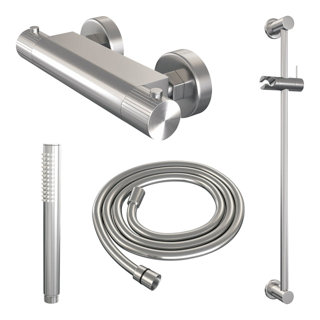 BRAUER Stripe opbouw douche thermostaatkraan SET 01 met glijstang en staaf handdouche en doucheslang RVS-kleurig geborsteld PVD 5-NG-345