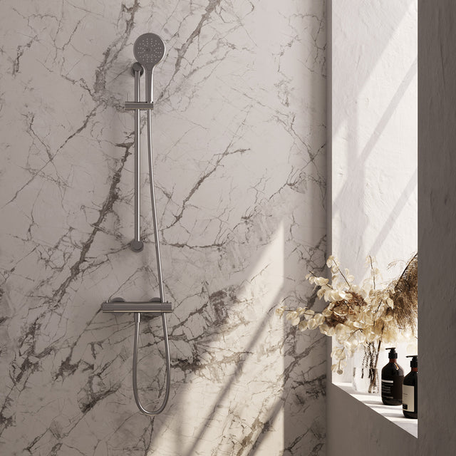 BRAUER Stripe opbouw douche thermostaatkraan SET 02 met glijstang en 3-standen handdouche en doucheslang RVS-kleurig geborsteld PVD 5-NG-346