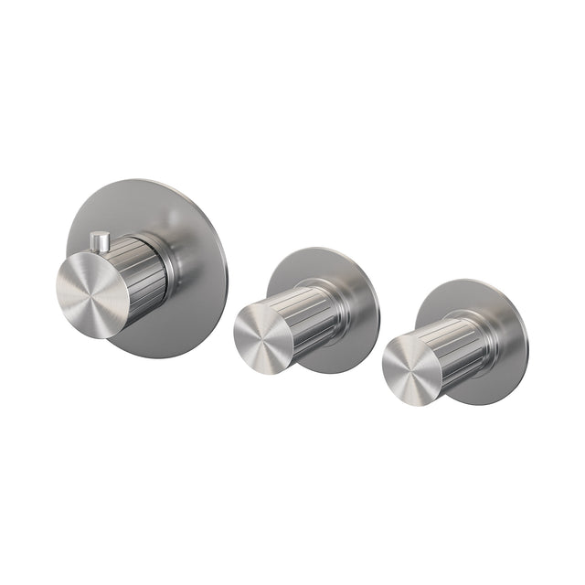 BRAUER Stripe thermostatische inbouw badkraan SET 01 met uitloop en staaf handdouche en doucheslang en wandaansluitbocht RVS-kleurig geborsteld PVD 5-NG-357