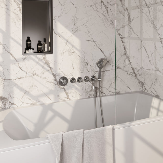 BRAUER Stripe thermostatische inbouw badkraan SET 02 met uitloop en 3-standen handdouche en doucheslang en wandaansluitbocht RVS-kleurig geborsteld PVD 5-NG-358